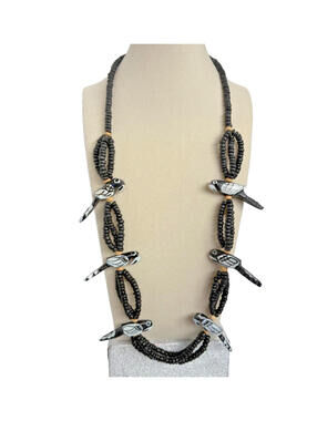 Vintage Wood Bird Parrot Beaded Necklace Black and White Boho Tropical